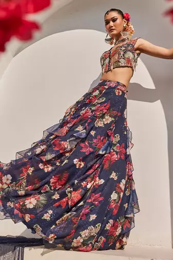 Navy Blue Printed Raw Silk Lehenga Set