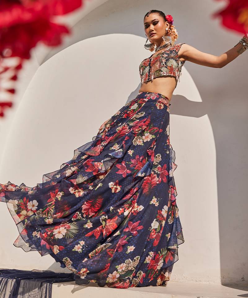 Navy Blue Printed Raw Silk Lehenga Set