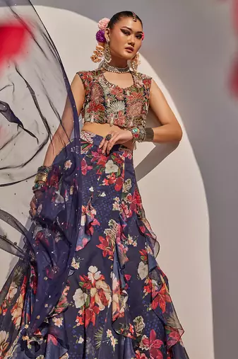 Navy Blue Printed Raw Silk Lehenga Set