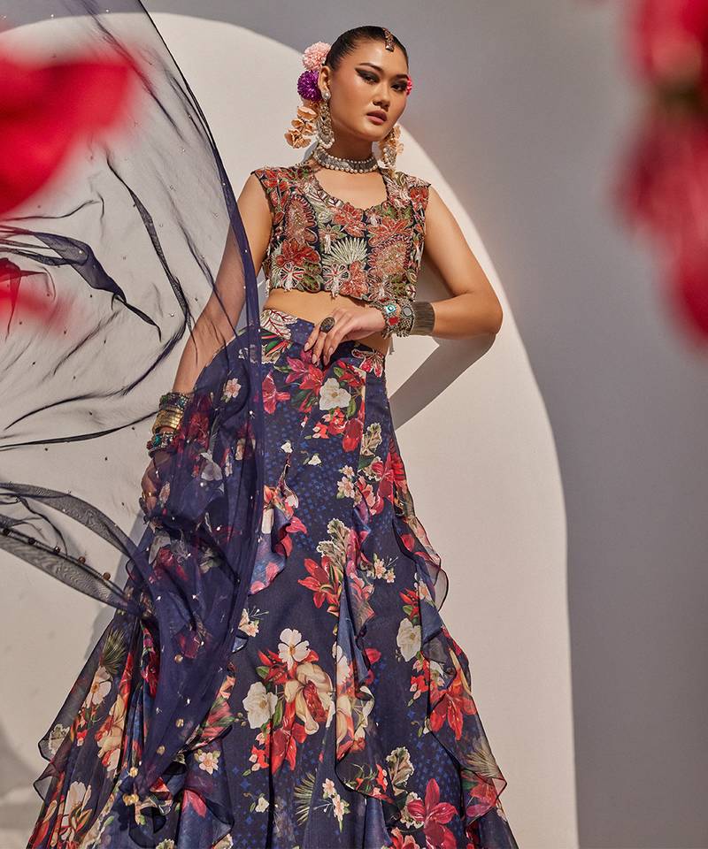 Navy Blue Printed Raw Silk Lehenga Set