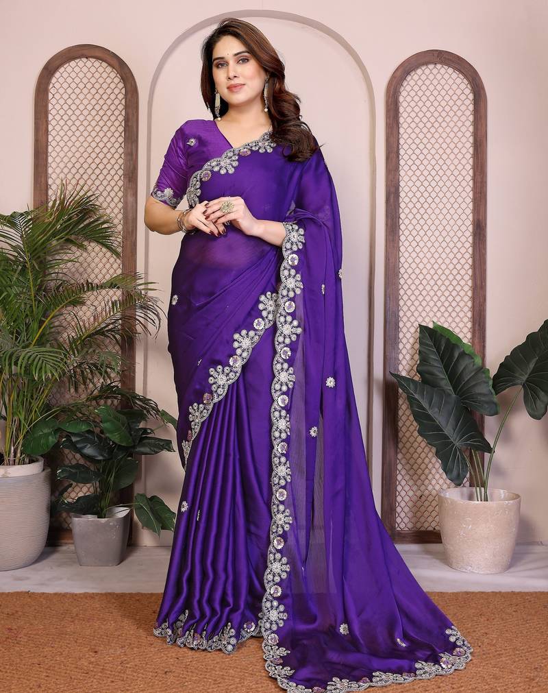 New trendy party wear soft satin chiffon saree