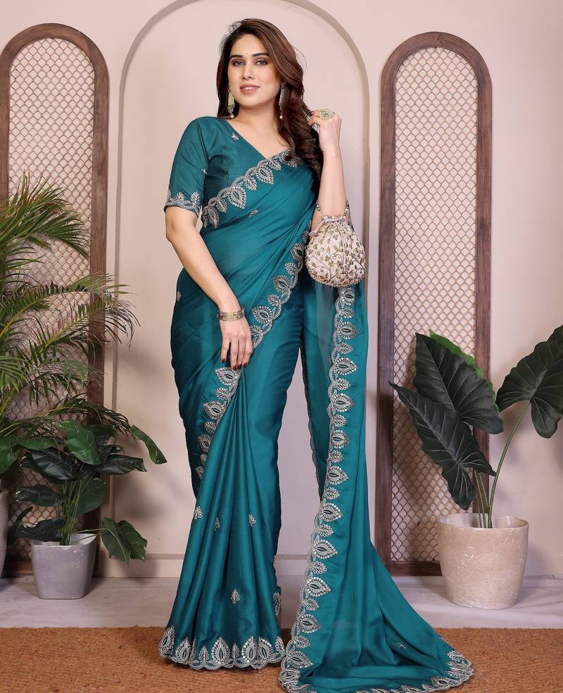 New trendy party wear soft satin chiffon saree