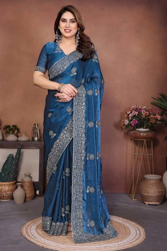 New trendy party wear soft satin chiffon saree