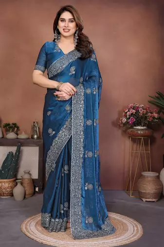 New trendy party wear soft satin chiffon saree