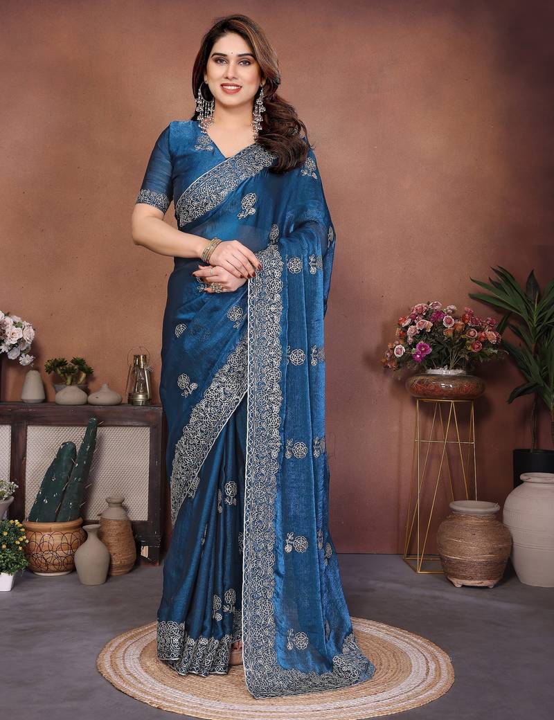 New trendy party wear soft satin chiffon saree