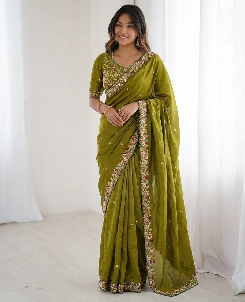 New trendy party wear soft satin chiffon saree