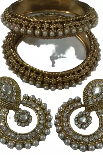 Designer Kundan Earings with Traditional Pearls Kadas 