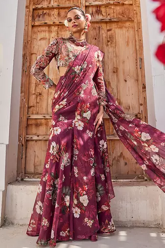Wine printed chiffon drape saree set