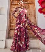 Wine printed chiffon drape saree set