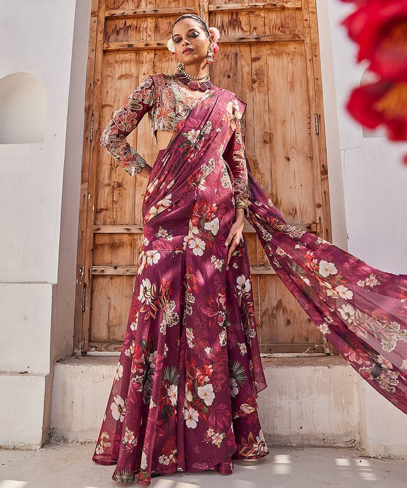 Wine printed chiffon drape saree set