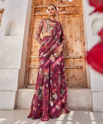 Wine printed chiffon drape saree set 2