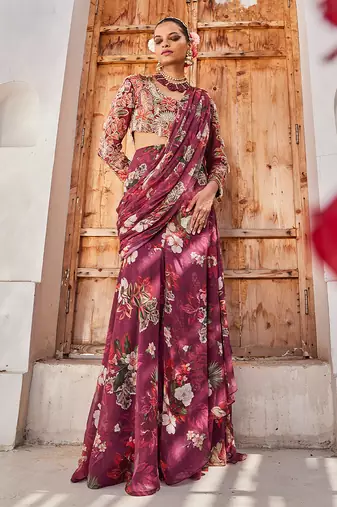 Wine printed chiffon drape saree set