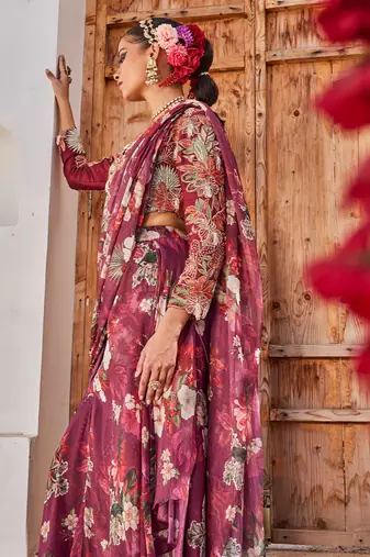 Wine printed chiffon drape saree set