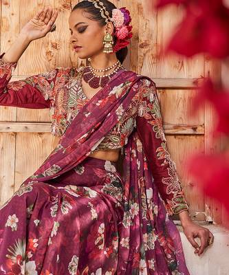 Wine printed chiffon drape saree set 4