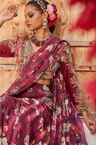 Wine printed chiffon drape saree set