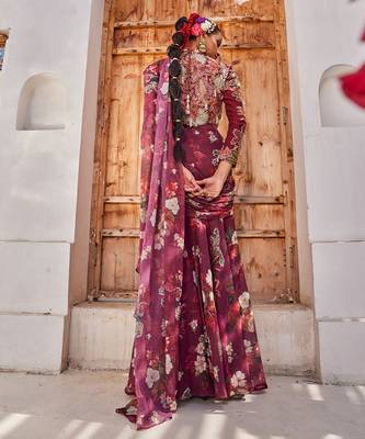 Wine printed chiffon drape saree set 5