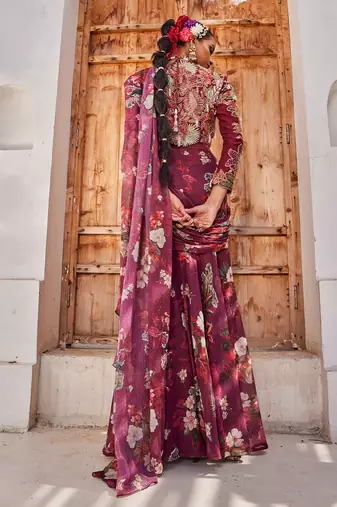 Wine printed chiffon drape saree set