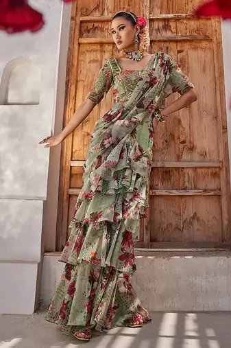 Sage green printed chiffon drape saree set