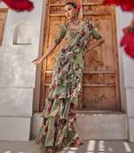Sage green printed chiffon drape saree set
