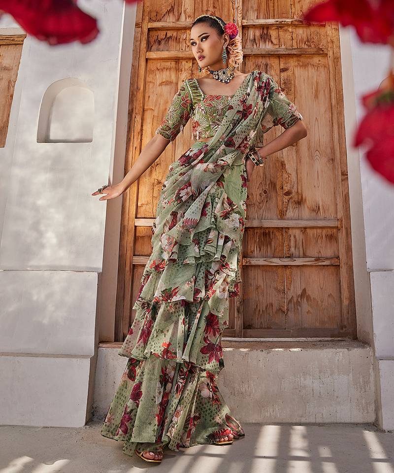 Sage green printed chiffon drape saree set