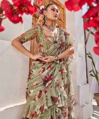 Sage green printed chiffon drape saree set 2