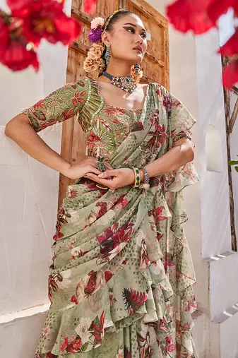 Sage green printed chiffon drape saree set