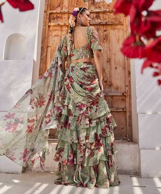 Sage green printed chiffon drape saree set 3