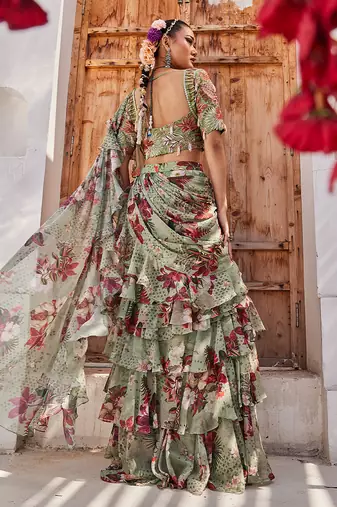 Sage green printed chiffon drape saree set