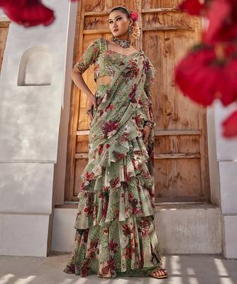 Sage green printed chiffon drape saree set 4
