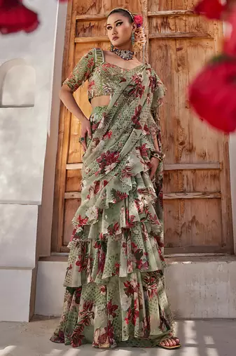 Sage green printed chiffon drape saree set