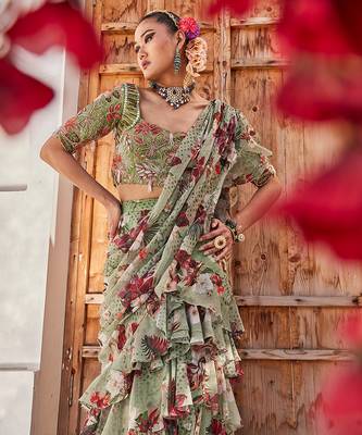 Sage green printed chiffon drape saree set 5