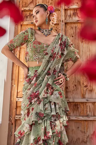 Sage green printed chiffon drape saree set