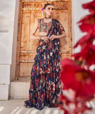 Navy  blue printed chiffon drape saree set 1