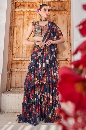 Navy  blue printed chiffon drape saree set