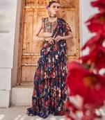 Navy  blue printed chiffon drape saree set