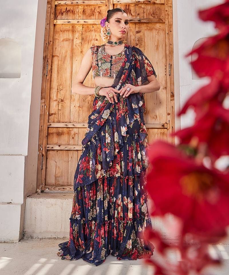 Navy  blue printed chiffon drape saree set