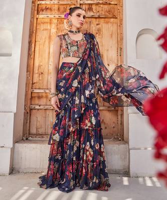 Navy  blue printed chiffon drape saree set 2