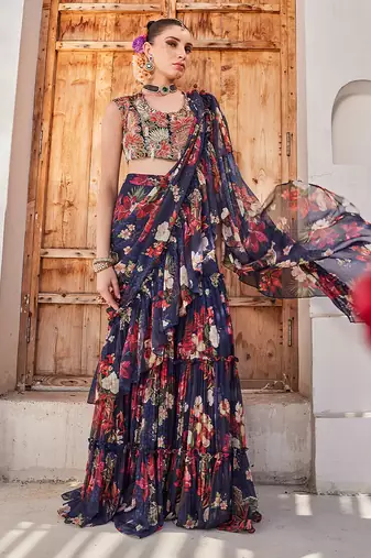 Navy  blue printed chiffon drape saree set