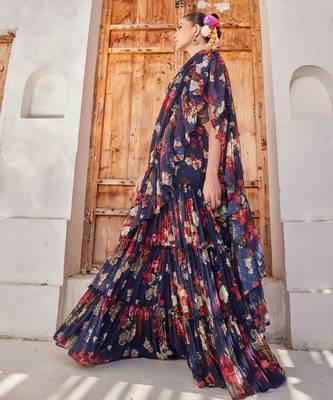 Navy  blue printed chiffon drape saree set 3