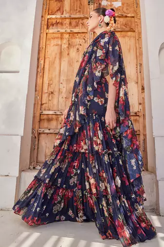 Navy  blue printed chiffon drape saree set