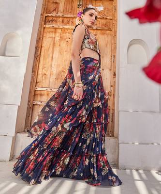 Navy  blue printed chiffon drape saree set 4