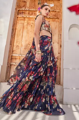Navy  blue printed chiffon drape saree set
