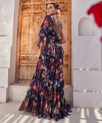 Navy  blue printed chiffon drape saree set 5