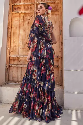 Navy  blue printed chiffon drape saree set