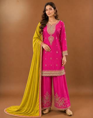 Premium chinon silk embroidered farshi suit set with sequin codding work & dupatta 1