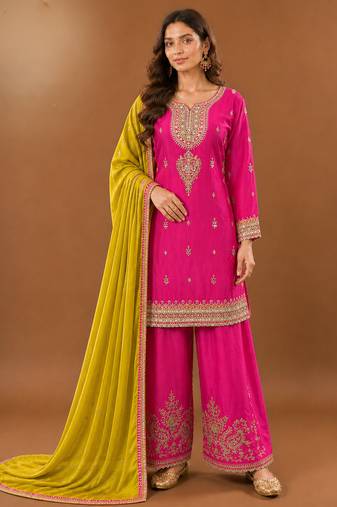 Premium chinon silk embroidered farshi suit set with sequence codding work & dupatta