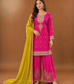 Premium chinon silk embroidered farshi suit set with sequence codding work & dupatta