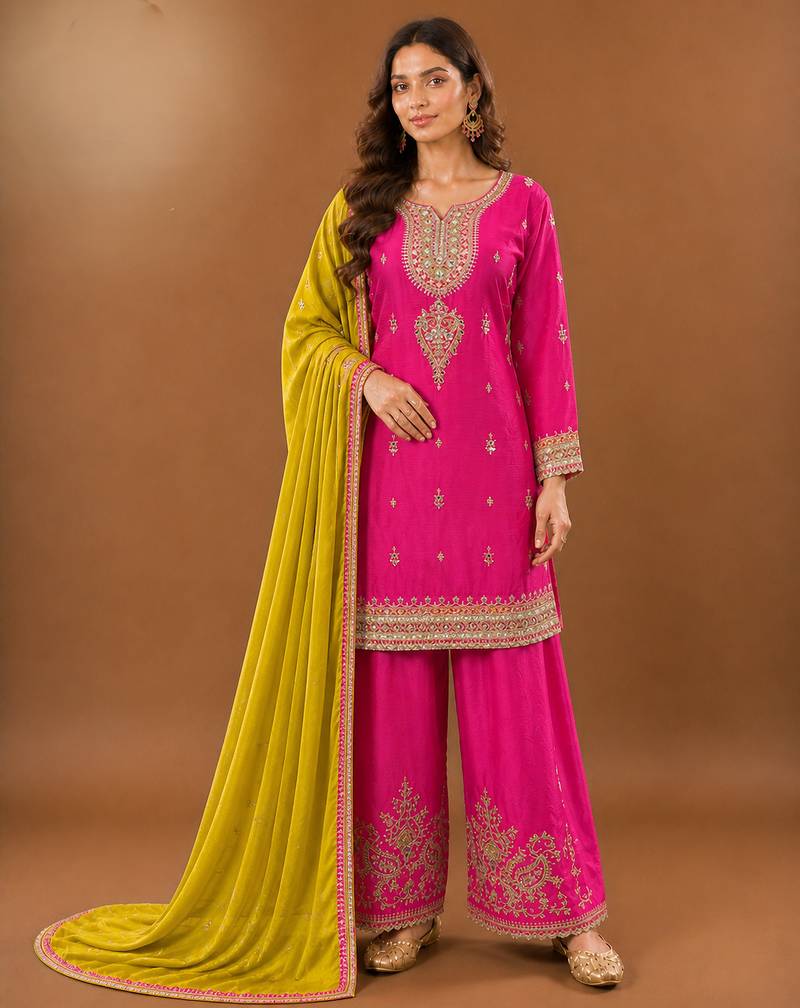 Premium chinon silk embroidered farshi suit set with sequence codding work & dupatta