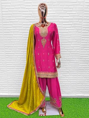 Premium chinon silk embroidered farshi suit set with sequin codding work & dupatta 2