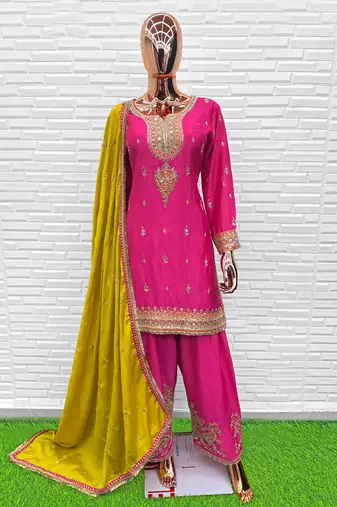 Premium chinon silk embroidered farshi suit set with sequin codding work & dupatta